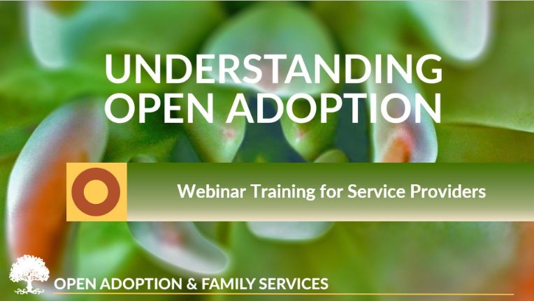 An image with a green background and the text Understanding Open Adoption with smaller text below that says Webinar Training for Service Providers. Small text at the bottom left says Open Adoption & Family Services