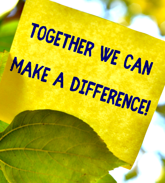 An image of a leaf and a yellow note with blue lettering that says Together We Can Make a Difference